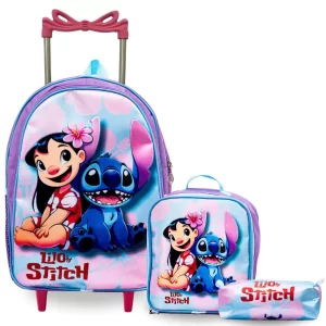 Mochila Rodinha Infantil Menina Escolar + Lancheira Térmica +Estojo Lilo & Stitch - Pikuka