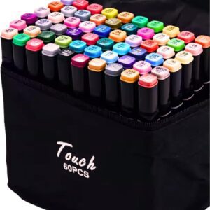 Kit de 60 Canetas Marcador Permanente Ponta Dupla Touch Coloridas para Desenho Profissional Escolar Infantil