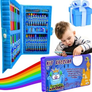 Kit escolar volta as aulas menina infantil papelaria material fofa presente feminino maleta estojo fofa 48 peças rosa lapis de colorir canetinhas regua borracha apontador pincel criança 4 anos (Azul)