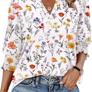 Zeagoo Blusa feminina de manga 3/4 de comprimento 2025 floral com gola V e punhos franzidos