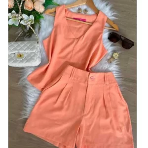 Conjunto Alfaiataria Blusa Sem Manga e Short com Bolso