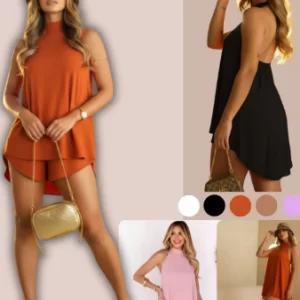 Conjunto feminino verão Shorts com Bolso Gola Alta Costas Nua Moda Blogueira Elegante M G GG G1 G2