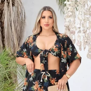 Conjunto Kimono Short Top 3 peças Casual Moda Praia