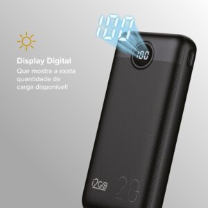 I2GO, Carregador Portátil (Power Bank) Ultra Rápido 20000mAh, Power Delivery 20W, 2 Saídas USB + 1 Saída/Entrada USB-C, Preto, i2GO PRO